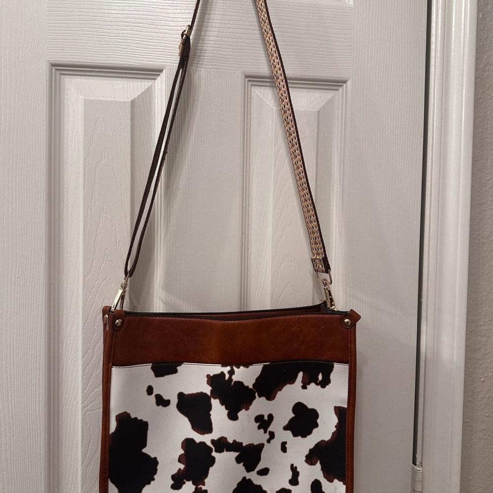 Brown and White Cow Print Shoulder Bag